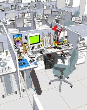 chair commentary computer computer_mouse cubicle desk desk_lamp english_commentary eva_01 highres indoors lamp mousepad_(object) neon_genesis_evangelion no_humans office omorphia persona skateboard speaker stapler swivel_chair tile_floor tiles unfinished