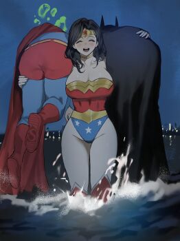 1girl 2boys absurdres batman batman_(series) breasts cape carrying_over_shoulder closed_eyes commentary dc_comics english_commentary highres large_breasts multiple_boys park_ongjol smile superman_(series) wonder_woman_(series)