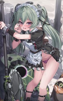 1girl absurdres animal_bag apron bangboo_(zenless_zone_zero) bear_bag black_dress black_nails blush cameltoe circular_saw commentary_request corin_wickes dress eous_(zenless_zone_zero) ethereal_(zenless_zone_zero) green_hair hair_between_eyes hair_intakes highres kuwa_za loli long_hair looking_at_viewer maid maid_apron maid_headdress nail_polish navel open_mouth panties puffy_short_sleeves puffy_sleeves purple_eyes purple_panties saw screw_hair_ornament short_dress short_sleeves side_slit solo sweat twintails underwear wavy_hair white_apron zenless_zone_zero