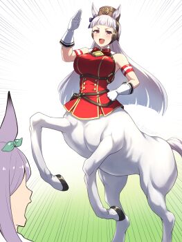 2girls :d absurdres animal_ears armband bare_shoulders blunt_bangs bow bowtie breasts bridle brown_hat centaur commentary_request dress ear_bow ear_ribbon elbow_gloves emphasis_lines gloves gold_ship_(red_strife)_(umamusume) gold_ship_(umamusume) green_ribbon grey_hair hand_on_own_hip hand_up hat highres hooves horse_ears horse_girl horse_tail large_breasts long_hair looking_at_another mejiro_mcqueen_(umamusume) monster_girl monsterification multiple_girls multiple_legs open_mouth pataneet pillbox_hat pouch purple_bow purple_eyes purple_hair rearing red_bow red_bowtie red_dress ribbon sleeveless sleeveless_dress smile solo_focus standing striped_armband striped_clothes tail taur umamusume underbust white_gloves