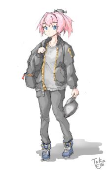 1girl absurdres alternate_costume backpack bag black_shoes blue_eyes commentary_request full_body grey_hat grey_pants grey_shirt hat highres holding holding_unworn_clothes holding_unworn_hat kantai_collection pants pink_hair ponytail shiranui_(kancolle) shirt shoes short_hair simple_background solo standing takakiyo_(nk1109r) unworn_hat unworn_headwear white_background