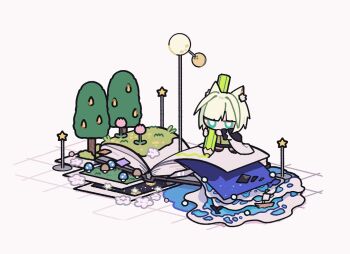 1girl animal_ear_fluff animal_ears arknights boat book cat_ears chibi coat commentary_request dress flower full_body grass green_dress green_eyes green_hair holding holding_pencil kal'tsit_(arknights) looking_down moon mushroom ocean open_book oversized_object pencil sanada_ima simple_background solo standing_on_book star_(symbol) tree watercraft waves white_background white_coat writing