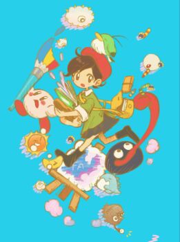 adeleine bag beret black_hair blue_background blush_stickers crayon dark_matter_(kirby) full_body gooey_(kirby) hat holding holding_paintbrush ice_dragon_(kirby) kirby kirby&#039;s_dream_land_3 kirby_(series) kracko messenger_bag mr._bright mr._shine nintendo notebook open_mouth paintbrush pitch_(kirby) pokka730 running shoulder_bag skirt sweet_stuff tongue tongue_out zero_(kirby)