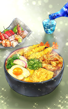 absurdres bowl commentary_request cup drink egg_(food) fish_(food) food food_focus fried_egg highres kurumiri_ryo no_humans noodles original pouring seafood shrimp shrimp_tempura tempura wasabi