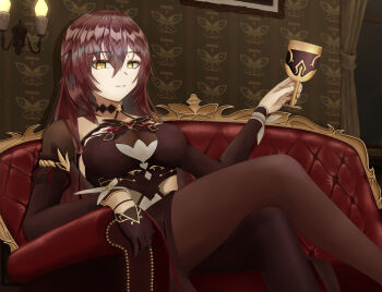 Rule 34 | 1girl, black dress, black gloves, black pantyhose, breasts, brown hair, commentary request, couch, crossed legs, cup, dress, eden (honkai impact), fuji4o, gloves, highres, holding, holding cup, honkai (series), honkai impact 3rd, indoors, large breasts, long hair, looking at viewer, on couch, pantyhose, single glove, solo, very long hair, yellow eyes