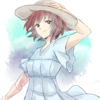 Rule 34 | 10s, 1girl, bad id, bad pixiv id, canon memphis, dress, female focus, hand on headwear, hat, hiki-wota, looking at viewer, purple eyes, red hair, short hair, sketch, smile, solo, soukyuu no fafner, sun hat