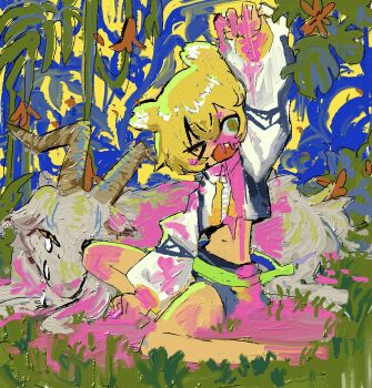 &gt;_o abstract_background animal belt bleeding blonde_hair blood blood_on_clothes blood_on_face blood_on_ground blood_on_hands blood_splatter bush claws cropped_jacket crossed_bangs dead_animal death denonbu faux_traditional_media goat grass green_belt green_eyes hair_between_eyes hair_tuft highres jacket long_sleeves moosu nature on_grass one_eye_closed open_mouth outdoors painterly pink_blood plant puffy_sleeves red_pupils scenery short_hair shorts sidelocks sleeves_past_wrists striped_clothes striped_jacket taiga_lucia tears turtleneck turtleneck_jacket vines white_streaks zipper