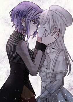 2girls amoris_(bang_dream!) bang_dream! bang_dream!_it&#039;s_mygo!!!!! black_skirt capelet closed_eyes closed_mouth commentary hashtag-only_commentary hat highres long_hair mortis_(bang_dream!) mortis_(costume)_(bang_dream!) multiple_girls parted_lips pink_eyes purple_hair see-through_clothes see-through_sleeves seine_(hanamukes) shirt short_hair skirt statue striped_clothes striped_shirt wakaba_mutsumi yuri yuutenji_nyamu