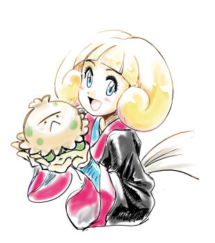 Rule 34 | 1girl, :<, :d, arched bangs, black jacket, blonde hair, blue bodysuit, blue eyes, blush, bodysuit, bodysuit under clothes, commentary request, cropped torso, eyelashes, gen 3 pokemon, greta (pokemon), highres, holding, holding pokemon, jacket, nintendo, open mouth, pokemon, pokemon (creature), pokemon emerald, pokemon rse, short hair, shroomish, simple background, smile, u4 99384295, upper body, white background