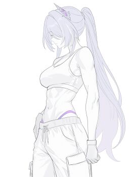 1girl absurdres acheron_(honkai:_star_rail) alternate_costume bare_shoulders breasts closed_eyes closed_mouth commentary cowboy_shot english_commentary gloves hair_ornament hair_over_one_eye highres honkai:_star_rail honkai_(series) long_hair medium_breasts multicolored_hair navel ponytail purple_hair samlatte signature solo sports_bra stomach streaked_hair toned toned_female very_long_hair