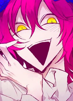 Rule 34 | 1other, androgynous, blue flower, blue rose, close-up, collared shirt, commentary request, flower, hair flower, hair ornament, hand on own face, highres, korean commentary, laughing, looking at viewer, open mouth, original, other focus, pink hair, rose, shirt, white shirt, yellow eyes, yu sihoo