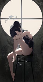 1girl absurdres barefoot blue_archive braid braided_bun china_dress chinese_clothes commentary_request double_bun dragon_print dress expressionless from_side grey_eyes grey_halo hair_bun halo head_rest highres kamisakikaname kisaki_(blue_archive) knee_up looking_at_viewer print_dress sitting sleeveless sleeveless_dress solo toes