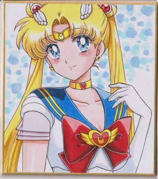 1girl bishoujo_senshi_sailor_moon blonde_hair blue_eyes blue_sailor_collar blush bow bowtie brooch chikoto_(kztc4472) choker closed_mouth collarbone commentary cowboy_shot crescent crescent_earrings crisis_moon_compact double_bun earrings elbow_gloves gloves hair_bun hair_ornament hand_up heart heart_brooch highres jewelry long_hair looking_to_the_side parted_bangs pleated_skirt red_bow red_bowtie sailor_collar sailor_moon sailor_senshi_uniform shirt short_sleeves skirt smile solo super_sailor_moon traditional_media tsukino_usagi twintails white_gloves white_shirt white_skirt wing_hair_ornament yellow_choker