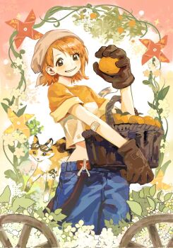 Rule 34 | 1girl, a dong1987, bandana, basket, blue pants, breasts, brown bandana, brown eyes, brown gloves, crop top, food, fox, fruit, fruit basket, gardening, gloves, goggles, goggles on head, highres, holding, holding basket, holding food, holding fruit, light blush, medium breasts, midriff, nami (one piece), one piece, orange hair, orange shirt, pants, parted lips, pinwheel, shirt, short hair, smile, solo