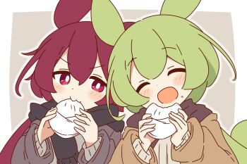 2girls :3 :d ^_^ animal_ears ankomon black_jacket black_scarf blush bright_pupils brown_jacket brown_scarf closed_eyes commentary_request dot_nose double-parted_bangs eating food food_on_face green_hair holding holding_food jacket long_hair long_sleeves multiple_girls open_mouth portrait red_eyes red_hair scarf simple_background smile steamed_bun voicevox white_pupils zundamon zungurimukkuri_tarou