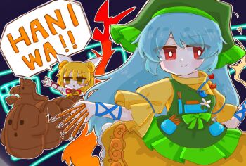 2girls anzu_cha709 apron armor blonde_hair blue_background blue_hair blunt_bangs blush blush_stickers closed_mouth commentary green_apron green_headscarf haniwa_(statue) haniyasushin_keiki headscarf highres holding joutouguu_mayumi long_hair looking_ahead looking_at_viewer multiple_girls orange_skirt outstretched_arm parted_bangs puffy_sleeves red_eyes shirt skirt smile sparkle touhou triangle_mouth white_shirt yellow_eyes yellow_shirt