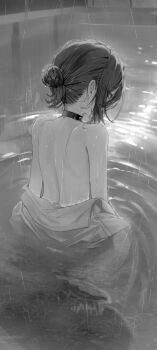 1girl absurdres bare_back bare_shoulders chainsaw_man choker from_behind greyscale hair_bun highres kerno looking_at_viewer looking_back monochrome open_clothes open_shirt outdoors partially_submerged pool rain reze_(chainsaw_man) ripples shirt shirt_partially_removed shoulder_blades sidelocks single_hair_bun solo topless_female variant_set water water_drop