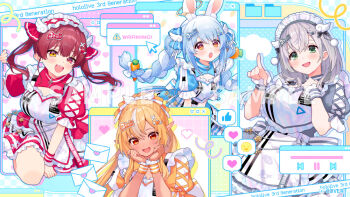 4girls :d :o apron blonde_hair blue_dress blue_hair braid breasts carrot_hair_ornament commentary_request copyright_name dark-skinned_female dark_elf dark_skin double-parted_bangs dress elf extra_ears food-themed_hair_ornament frilled_apron frills green_eyes grey_dress grey_hair hair_ornament hand_up hands_up heterochromia high_ponytail hikimayu hololive hololive_fantasy houshou_marine large_breasts long_hair looking_at_viewer maid maid_apron maid_headdress mameyanagi medium_hair multicolored_hair multiple_girls official_art open_mouth orange_dress orange_eyes pointing pointy_ears ponytail puffy_short_sleeves puffy_sleeves rabbit-shaped_pupils rabbit_girl rabbit_tail red_dress red_eyes red_hair sample_watermark shiranui_flare shirogane_noel short_dress short_eyebrows short_sleeves sidelocks smile streaked_hair symbol-shaped_pupils tail thick_eyebrows twin_braids twintails two-tone_hair usada_pekora virtual_youtuber watermark white_apron white_hair winged_hair_ornament wrist_cuffs yellow_eyes