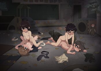 2boys 2girls absurdres age_regression aged_down blush breasts brown_hair brown_panties brown_shirt cowgirl_position doll female_pubic_hair girl_on_top glowing glowing_eyes group_sex hetero highres indoors kodomo_doushi loli mixterious multiple_boys multiple_girls nipples nude orgy original panties panties_around_leg panty_pull penis prone_bone pubic_hair pussy sex sex_from_behind shirt shota small_breasts small_penis straddling surprised uncensored underwear white_panties