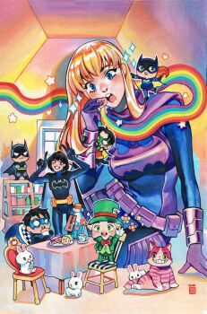 3boys 3girls absurdres alice's_adventures_in_wonderland animification barbara_gordon batgirl batman belt black_eyes black_hair bodysuit bookshelf bottle bow breasts bruce_wayne cake candy cassandra_cain cheshire_cat_(alice_in_wonderland) chibi comic_cover commentary cork cover_image crossed_arms cup dick_grayson double_v english_commentary food gouache_(medium) green_eyes green_headwear green_jacket green_pants hair_behind_ear hat head_tilt heart highres holding holding_cup jacket mad_hatter_(dc) medium_breasts mini_person miniboy minigirl multiple_boys multiple_girls nightwing official_art painting_(medium) pants purple_belt rabbit rainbow red_bow rian_gonzales robin_(dc) sitting smile sparkle star_(symbol) stephanie_brown table teacup tim_drake top_hat traditional_media v yellow_belt