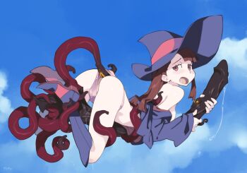 1girl ass blue_boots blue_hat blue_sky boots breasts broom broom_riding brown_hair cloud day flying hat highres kagari_atsuko little_witch_academia long_hair medium_breasts open_mouth optionaltypo outdoors panties pink_panties pussy_juice sky solo tentacle_sex tentacles uncensored underwear witch_hat