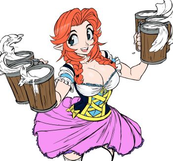1girl bar_maid beer_mug blue_eyes bow braid breasts cleavage cremia cup dress frilled_dress frills highres large_breasts malon milk mug nintendo pointy_ears red_hair simple_background solo teevo the_legend_of_zelda the_legend_of_zelda:_majora's_mask the_legend_of_zelda:_ocarina_of_time thighhighs twin_braids