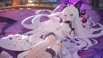 absurdres ahoge black_halo blue_archive blush breasts building demon_girl demon_horns demon_wings dress flower hair_spread_out halo highres hina_(blue_archive) horns indoors long_hair looking_at_viewer low_wings lying purple_eyes red_flower red_rose rose small_breasts treeplanting very_long_hair white_dress white_hair wings