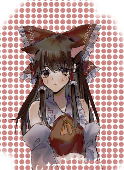 Rule 34 | 1girl, aihara-rina, animal ears, ascot, blush, bow, brown eyes, brown hair, cat ears, cat girl, chinese commentary, closed mouth, commentary request, detached sleeves, frilled bow, frilled hair tubes, frills, frown, hair bow, hair tubes, hakurei reimu, highres, kemonomimi mode, long hair, looking at viewer, polka dot, polka dot background, red bow, solo, touhou, yellow ascot