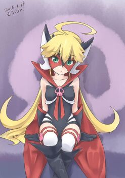 1girl ahoge black_boots black_gloves black_leotard blonde_hair boots cape doronjo errant gloves green_eyes knee_boots leopard_(yatterman) leotard long_hair mask red_cape sitting solo thigh_strap thighhighs time_bokan_(series) white_thighhighs yatterman yoru_no_yatterman