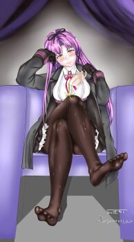Rule 34 | 1girl, absurdres, armchair, black coat, black pantyhose, black ribbon, breasts, chair, coat, commentary, cup, curtains, eiyuu densetsu, english commentary, feet, foot focus, full body, hair ribbon, head tilt, highres, holding, holding cup, kuro no kiseki, kuro no kiseki (series), kuro no kiseki ii, large breasts, light smile, long hair, long sleeves, looking at viewer, neck ribbon, pantyhose, pouring, pouring onto self, purple eyes, red ribbon, renne (eiyuu densetsu), ribbon, shirt, signature, sitting, solo, teacup, vanillahare, wet, wet clothes, wet pantyhose, white shirt, yellow eyes