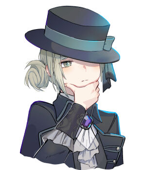 1girl absurdres ascot black_coat black_hat blue_bow boater_hat bow closed_mouth coat cropped_torso grey_hair hair_bun hand_on_own_chin hand_up hat hat_bow hat_over_one_eye highres one_eye_covered reverse:1999 short_hair single_side_bun solo upper_body vertin_(reverse:1999) white_ascot white_background yumegiwa_(skgl_thx)