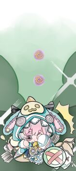 1girl ^^^ absurdres animal_costume animal_ear_hood black_horns black_shoes blue_dress blue_jacket brown_eyes bush chibi closed_mouth colored_eyelashes commentary_request covering_one_eye day deepwood_dream_(infinity_nikki) dew_of_inspiration_(infinity_nikki) dragon_costume dragon_horns dress esseling_(infinity_nikki) expressionless fake_animal_ears fake_horns frilled_dress frills fur_arm_warmers guayanshaoyuhuangshaotian85937 heartbud_pouch_(infinity_nikki) highres holding holding_shield hood hood_up hooded_jacket horns in-universe_location infinity_nikki jacket looking_at_creature nikki_(nikki) nikki_(series) open_clothes open_jacket outdoors paw_shoes pleated_dress print_dress shield shoes short_dress sparkle star_(symbol) star_print white_arm_warmers