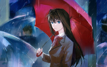 1girl absurdres aozaki_aoko blue_eyes bow bowtie brown_coat brown_hair coat commentary highres long_hair looking_at_viewer looking_to_the_side mahou_tsukai_no_yoru pppeipeipipi rain red_bow red_bowtie red_umbrella symbol-only_commentary type-moon umbrella