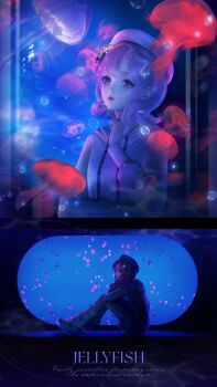 1girl 3d aquarium chinese_commentary commentary_request dark earrings english_text highres index_finger_raised jacket jellyfish jewelry lips lipstick looking_at_viewer makeup nikki_(nikki) nikki_(series) official_art pink_hair sea_creature shining_nikki short_hair sitting water white_headwear