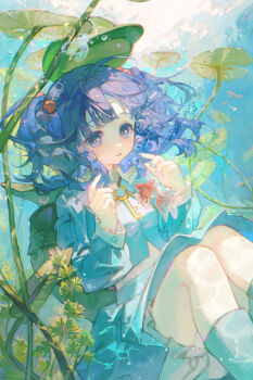 1girl bad_source bare_legs blue_eyes blue_hair blue_shirt bubble highres lotus_leaf maccha_(mochancc) seaweed shirt solo touhou twintails underwater water