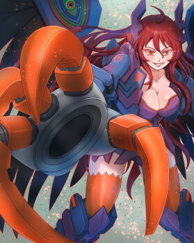 1girl armor breasts cleavage commentary_request commission cosmic_break cowboy_shot grey_background highres kisrill kiwakiwa large_breasts mechanical_arms orange_thighhighs parted_lips purple_armor red_eyes red_hair single_mechanical_arm smirk solo thighhighs
