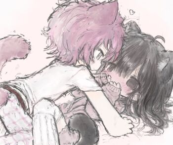 2girls all_fours animal_ear_fluff animal_ears black_hair blush cat_ears cat_girl cat_tail commission covering_own_mouth heart highres long_hair long_sleeves looking_at_another lying multiple_girls on_back original pink_hair shirt short_hair short_sleeves shy tail uruote white_shirt yuri