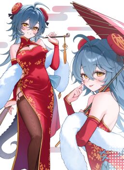 1girl absurdres ahoge arm_at_side bare_shoulders black_ribbon blue_hair blue_ribbon breasts brown_thighhighs china_dress chinese_clothes chisel cleavage commentary covered_navel criss-cross_ribbon crossed_bangs detached_sleeves dot_nose double-parted_bangs double_bun dress english_commentary fingernails floral_print forehead fur_scarf garter_straps gold_trim grin hair_between_eyes hair_bun hair_ornament hand_up highres holding holding_smoking_pipe holding_umbrella holding_unworn_clothes holding_unworn_scarf index_finger_raised legs lizard_tail long_hair looking_at_viewer medium_breasts multiple_views oil-paper_umbrella original pomeo_dayo red_dress ribbon scarf shadow side_slit smile smoking_pipe solo tail tassel thighhighs tongue tongue_out umbrella unworn_scarf yellow_eyes