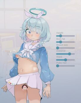 1girl absurdres arona_(blue_archive) attribute_slider blue_archive blue_eyes blue_hair blue_halo blue_serafuku bow_hairband braid breast_slider breasts censored character_censor choker classroom hair_over_one_eye hairband halo hentaicat highres koharu_(blue_archive) looking_at_viewer menu navel nipples no_bra no_panties novelty_censor one_breast_out pleated_skirt sailor_collar school_uniform serafuku short_hair skirt small_breasts solo white_choker white_hairband white_sailor_collar white_skirt