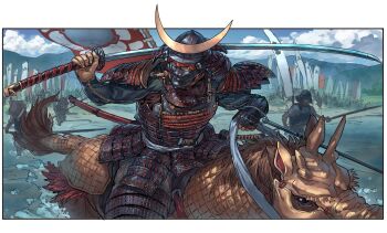 6+boys armor banner dou helmet highres holding holding_reins holding_sword holding_weapon horse horseback_riding japanese_armor kabuto_(helmet) kote kusazuri male_focus menpoo multiple_boys ootachi original reins riding samurai scabbard sengoku_jidai sheath sheathed shikoro shoulder_armor sode sword tachi_(weapon) takahito weapon