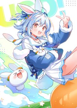 >_< 1girl absurdres blue_hair blue_jacket blue_neckerchief blue_ribbon blush carrot carrot_hair_ornament choker commentary_request dress food-themed_hair_ornament hair_ornament hair_ribbon highres hololive jacket long_sleeves looking_at_viewer multicolored_hair neckerchief open_clothes open_jacket open_mouth orqz pekomon_(usada_pekora) rabbit_tail ribbon sailor_collar sailor_dress short_hair skirt star_(symbol) tail teeth upper_teeth_only usada_pekora usada_pekora_(casual) virtual_youtuber w white_choker white_dress white_hair white_sailor_collar white_skirt
