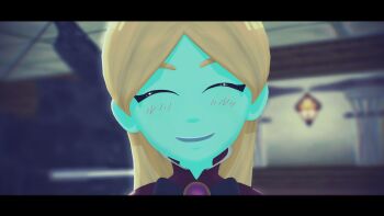 Rule 34 | 1girl, 3d, absurdres, aqua skin, black bow, black bowtie, blonde hair, blurry, blurry background, blush, bow, bowtie, brooch, closed eyes, collar, colored skin, commission, dress, facing viewer, frilled collar, frilled dress, frills, ghost, ghost girl, highres, instrument, jewelry, lamp, letterboxed, long hair, luigi's mansion, mario (series), melody pianissima, nintendo, no humans, open mouth, piano, pixiv commission, portrait, purple dress, smile, solo, teeth, universal-kun, upper teeth only