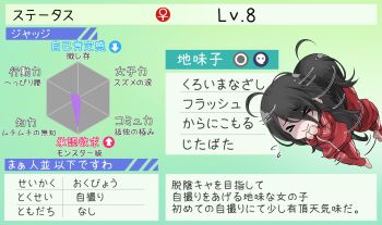 >_< 1girl afterimage ahoge black_hair character_profile chart chibi closed_eyes commentary_request flying_sweatdrops freckles graph hair_over_one_eye highres long_hair motion_lines original radar_chart red_track_suit rolling shaded_face shashaki solo stats track_suit translation_request