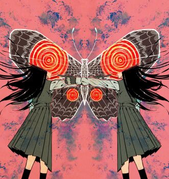 1girl black_dress black_gloves black_hair black_socks bug chainsaw_man dress fourth_east_high_school_uniform gloves grey_shirt highres insect long_hair long_sleeves moth outstretched_arm pinafore_dress pointing school_uniform shirt sleeveless sleeveless_dress socks tsukirobin yoru_(chainsaw_man)