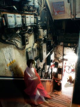 1girl absurdres against_railing aizheajsee android cable electric_panel ghost_in_the_shell ghost_in_the_shell:_innocence hadaly highres humanoid_robot indoors kusanagi_motoko leaning_back photo_background railing robot robot_girl shadow solo stairs sunlight