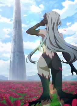 1girl absurdres anime_screenshot arm_up ass back back_cutout backboob black_gloves black_thighhighs breasts center_opening cleavage clothing_cutout dungeon_ni_deai_wo_motomeru_no_wa_machigatteiru_darou_ka elbow_gloves flower freya_(danmachi) gloves hair_ornament highres huge_ass large_breasts legs long_hair outdoors revealing_clothes sky stitched thick_thighs thighhighs thighs third-party_edit tower white_hair wide_hips