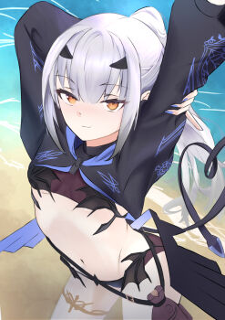 1girl absurdres arms_up bikini black_bikini black_shrug blush breasts dragon_wings fate/grand_order fate_(series) fish_bottle forked_eyebrows hashtag-only_commentary heart heart_tail high_ponytail highres jewelry long_hair long_sleeves looking_at_viewer melusine_(fate) melusine_(swimsuit_ruler)_(fate) melusine_(swimsuit_ruler)_(first_ascension)_(fate) navel ponytail shore shrug_(clothing) sidelocks small_breasts smile solo swimsuit tail thighlet thighs white_hair wings yellow_eyes yugusan5