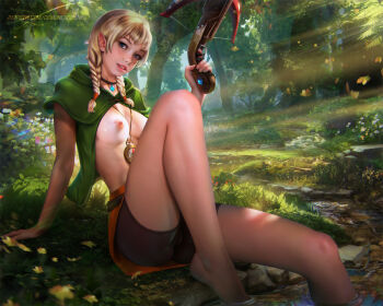 Rule 34 | 1girl, bare legs, barefoot, blonde hair, blue eyes, blush, bow (weapon), braid, breasts, breasts out, compass, crossbow, dappled sunlight, demonlorddante, feet, freckles, linkle, nature, nipples, outdoors, patreon username, pointy ears, river, shiny skin, shorts, solo focus, sunlight, twin braids, watermark, weapon