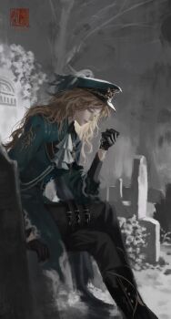 1girl absurdres artist_logo ascot augustus_(path_to_nowhere) bare_tree black_boots black_gloves black_pants blonde_hair boots commentary fengbuxiao flower from_side full_body gloves graveyard green_eyes green_hat green_jacket hat highres holding holding_jewelry holding_necklace jacket jewelry kepi logo long_hair looking_down military_hat military_jacket military_uniform monochrome_background necklace pants path_to_nowhere sitting smile solo symbol-only_commentary tombstone tree white_ascot