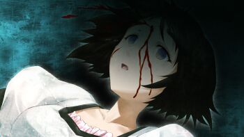 1girl aqua_eyes black_bow black_hair black_trim bleeding blood blood_from_forehead blood_splatter blue_dress blue_eyes bow breasts bullet_hole chest_bow collar collarbone crying crying_with_eyes_open death dim_lighting dress falling flying_teardrops frilled_collar frills game_cg gunshot_wound headshot highres huke medium_breasts medium_hair official_art open_mouth pink_frills puffy_short_sleeves puffy_sleeves ringed_eyes science_adventure shiina_mayuri shiny_lips short_sleeves solo square_pupils steins;gate tareme tearing_up tears tongue